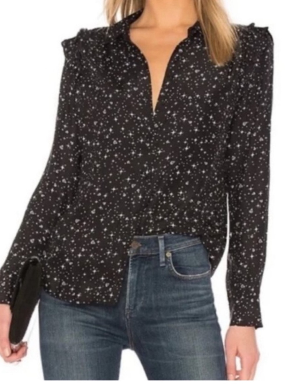 Frame Denim 100% silk Black diamond star Print Ruffled Blouse